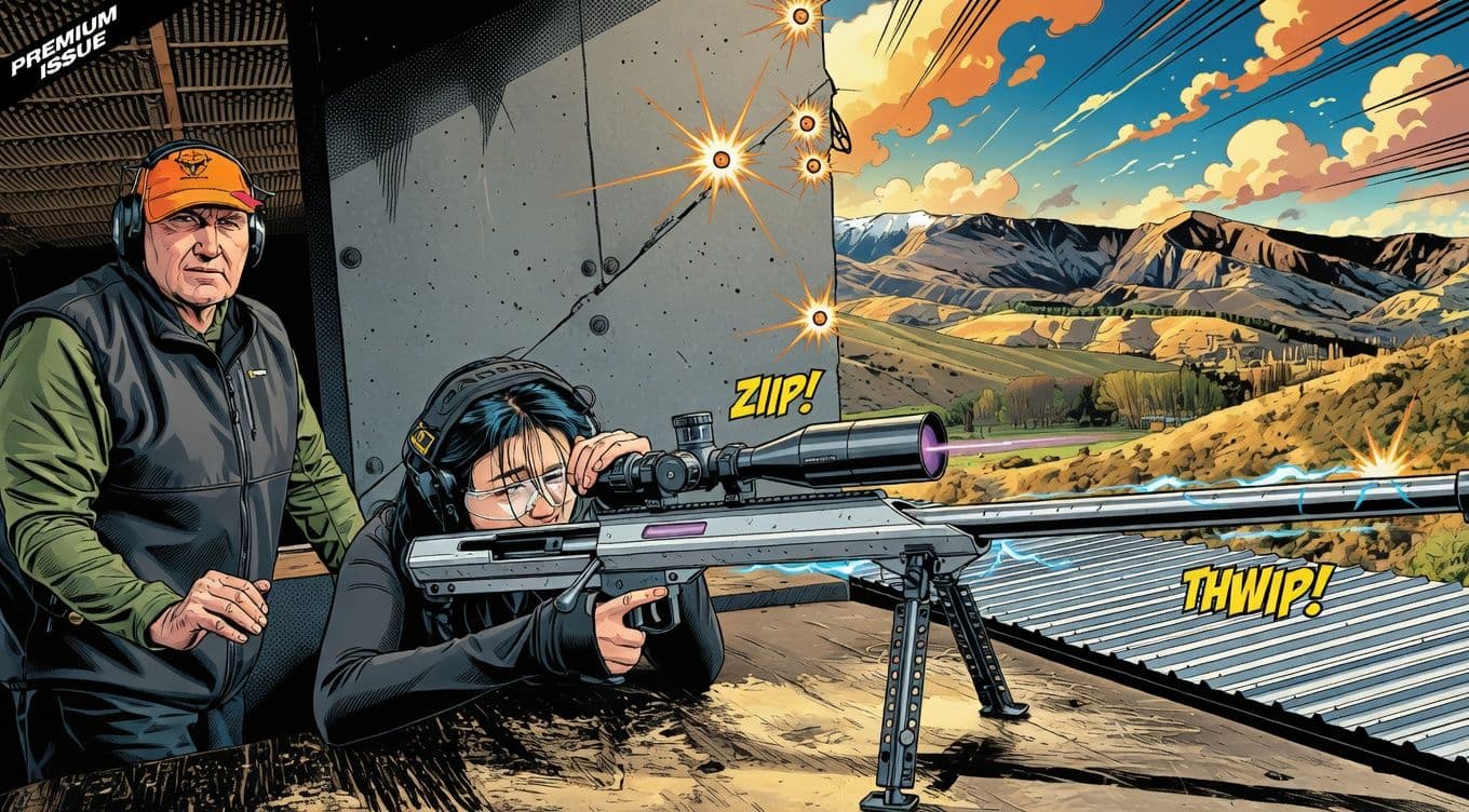 AI comic-book render of a guest at the range